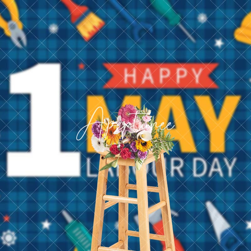 Aperturee - Aperturee Navy Blue Plaid 1st May Happy Labour Day Backdrop