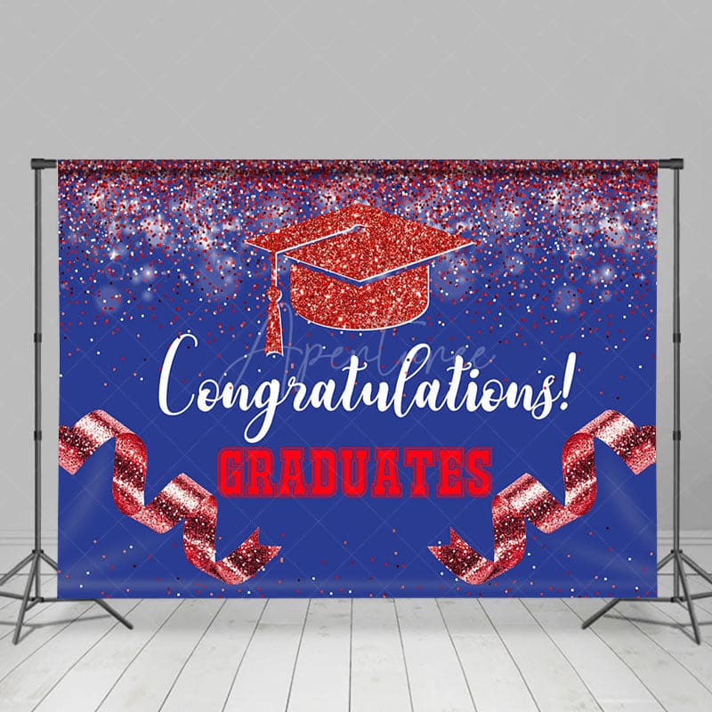 Aperturee - Aperturee Navy Blue Red Glitter Ribbons Congrats Grad Backdrop
