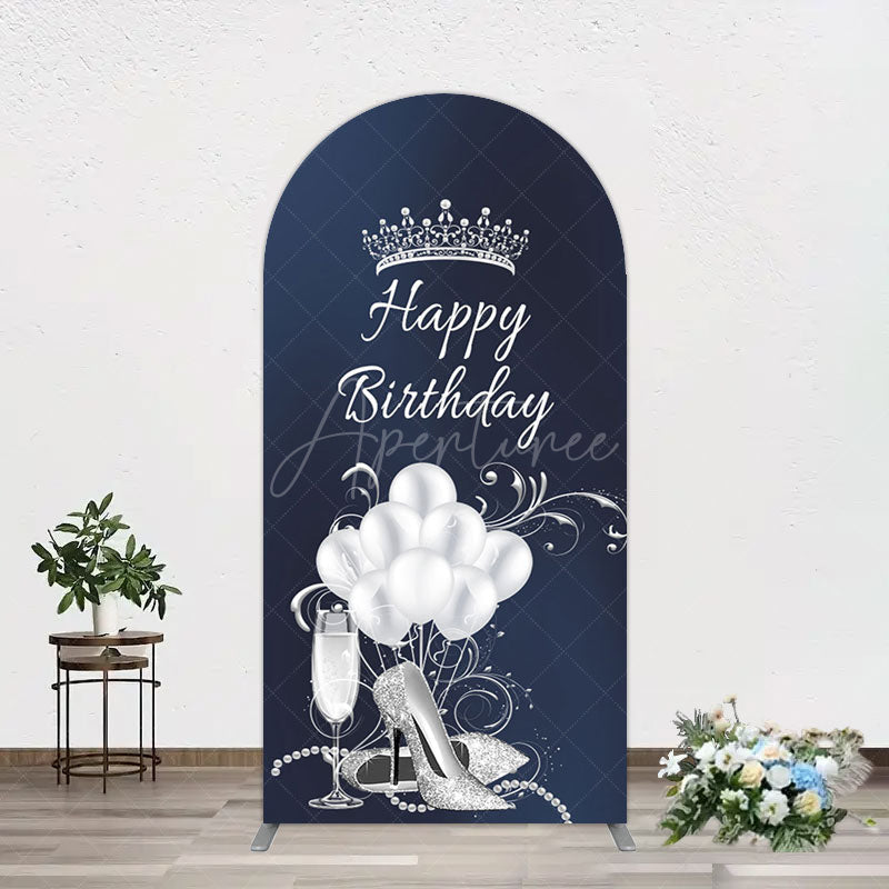 Aperturee - Aperturee Navy Blue Silver Crown Happy Birthday Arch Backdrop
