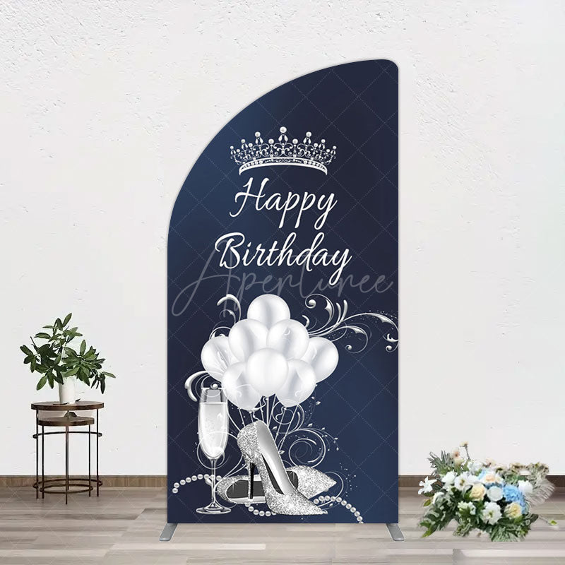 Aperturee - Aperturee Navy Blue Silver Crown Happy Birthday Half Moon Arch Backdrop