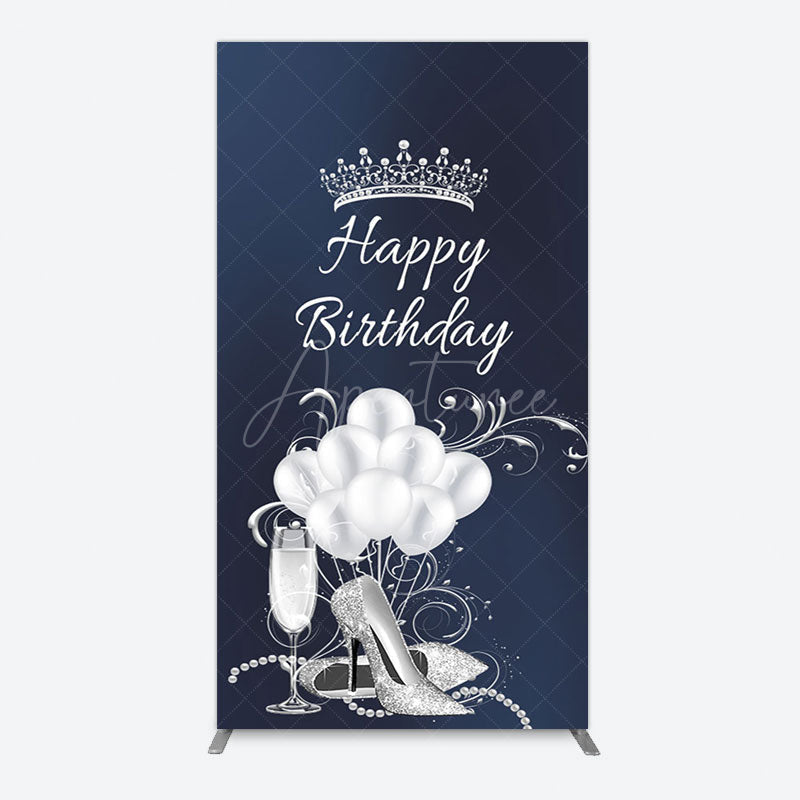 Aperturee - Aperturee Navy Blue Silver Crown Happy Birthday Rectangle Backdrop