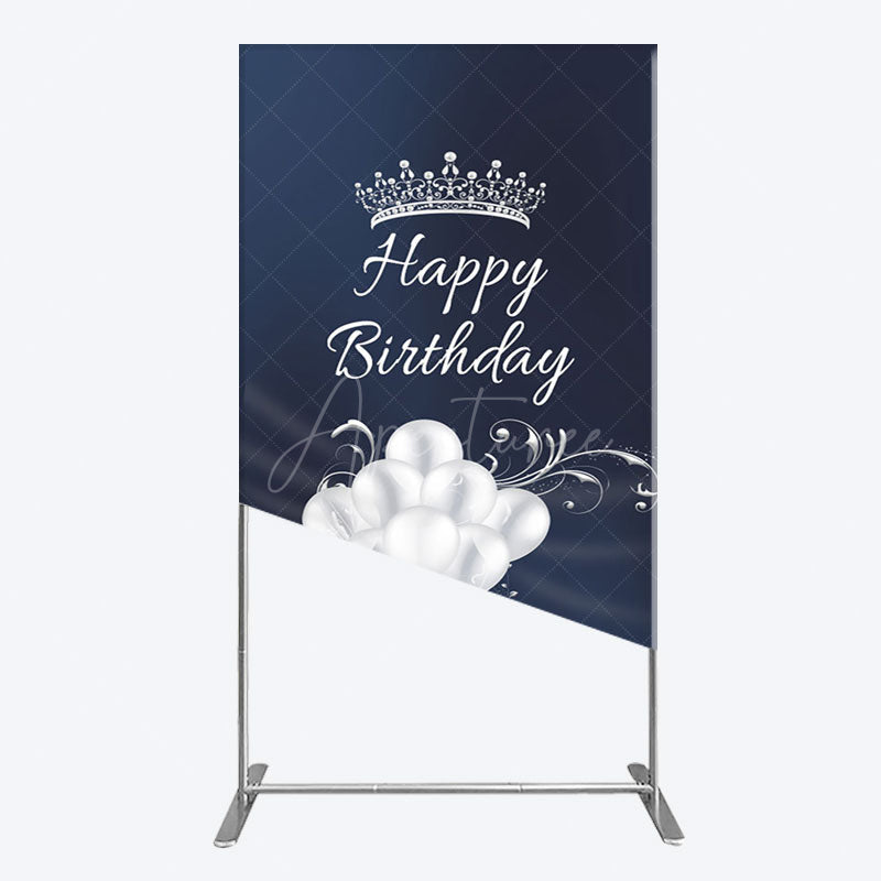 Aperturee - Aperturee Navy Blue Silver Crown Happy Birthday Rectangle Backdrop
