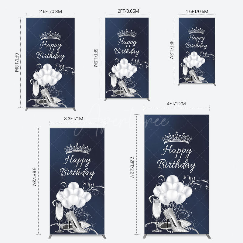 Aperturee - Aperturee Navy Blue Silver Crown Happy Birthday Rectangle Backdrop