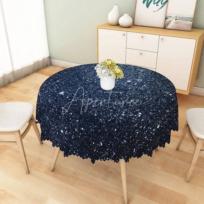 Aperturee - Aperturee Navy Blue Stardust Glitter Print Round Tablecloth Sparkling Night Sky Table Cover for Party Decor