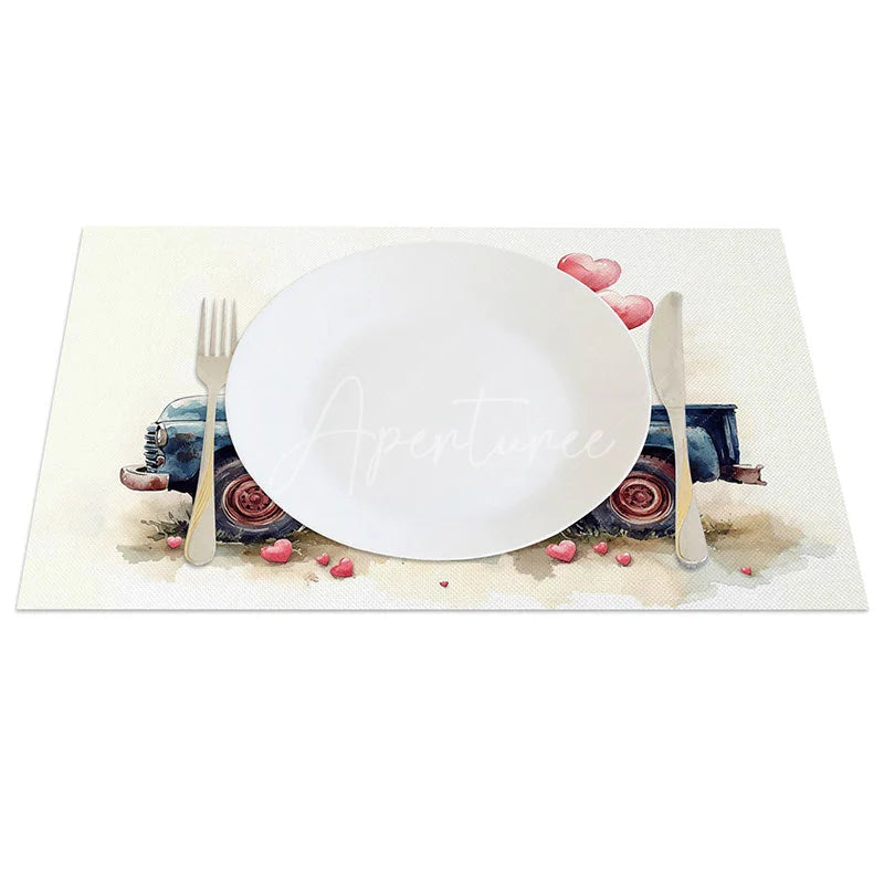 Aperturee - Aperturee Navy Blue Truck Rose Heart Set of 4 Placemats Romantic Balloon Valentine Decoration Watercolor Farmhouse Table Mat