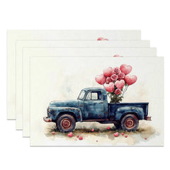 Aperturee - Aperturee Navy Blue Truck Rose Heart Set of 4 Placemats Romantic Balloon Valentine Decoration Watercolor Farmhouse Table Mat