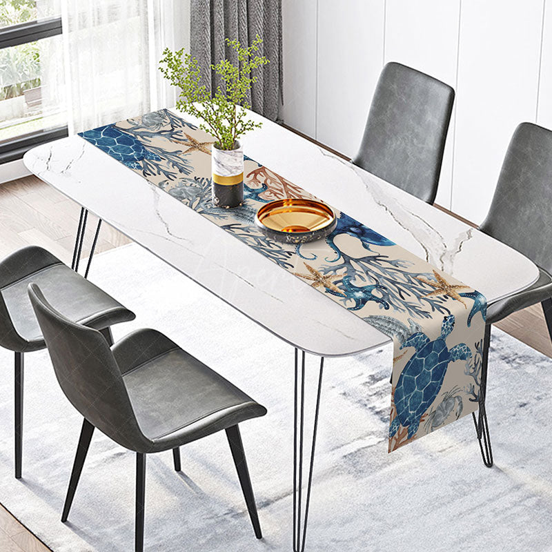 Aperturee - Aperturee Navy Blue Under the Sea Table Runner Turtle and Coral Ocean Life Nautical Beach House Kitchen Decor