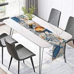 Aperturee - Aperturee Navy Blue Under the Sea Table Runner Turtle and Coral Ocean Life Nautical Beach House Kitchen Decor