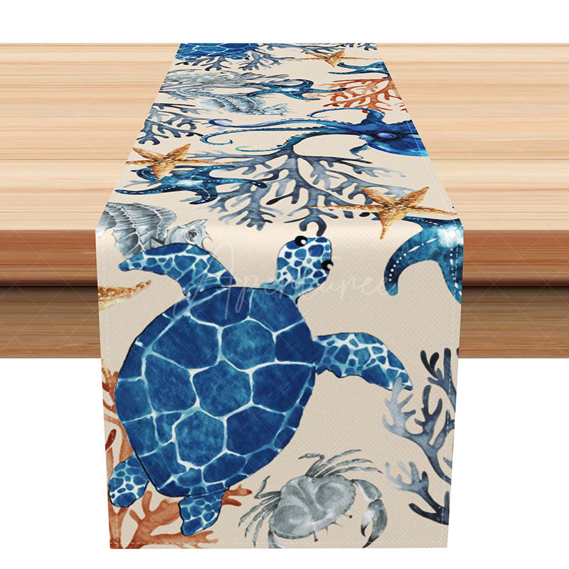 Aperturee - Aperturee Navy Blue Under the Sea Table Runner Turtle and Coral Ocean Life Nautical Beach House Kitchen Decor