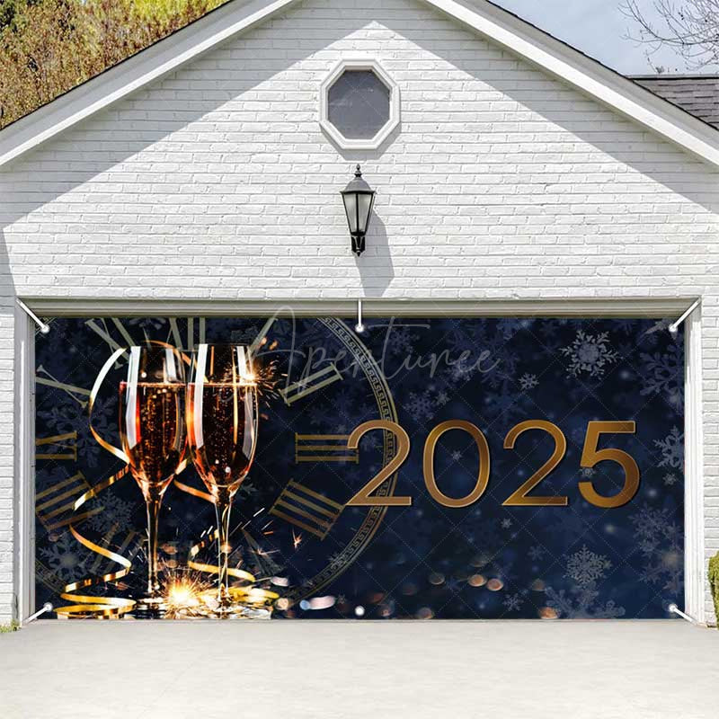 Aperturee - Aperturee Navy Clock Champagne 2025 New Year Garage Door Banner