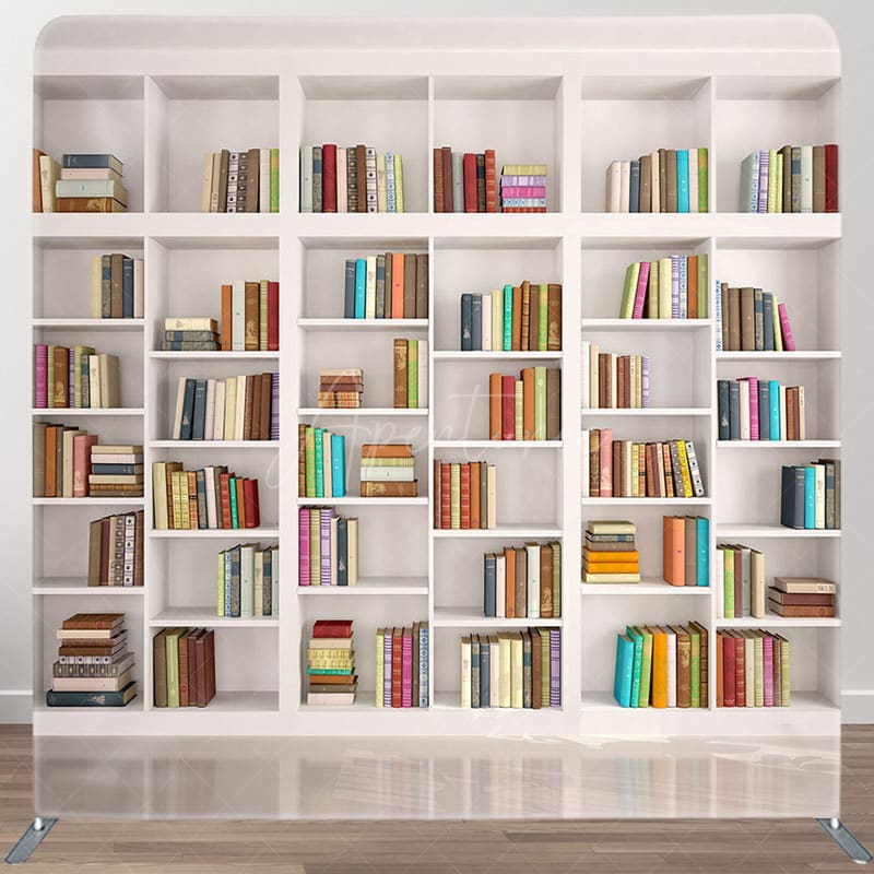 Aperturee - Aperturee Neat White Bookshelf Photo Square Tension Backdrop