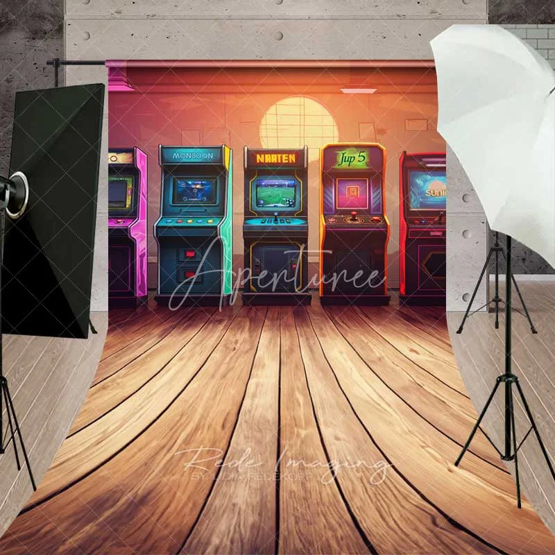 Aperturee - Aperturee Neon Arcade Game Room Sweep Photography Backdrop Retro 80s Video Gaming Machine Wood Floor Photo Prop