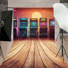 Aperturee - Aperturee Neon Arcade Game Room Sweep Photography Backdrop Retro 80s Video Gaming Machine Wood Floor Photo Prop