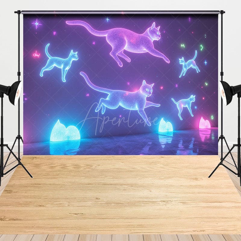 Aperturee - Aperturee Neon Cats Wall Wooden Floor Photo Combo Set Backdrop