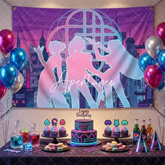 Aperturee - Aperturee Neon Cyberpunk City Backdrop Pop Star Girls Futuristic Skyline Purple Pink Blue Music Party Decoration