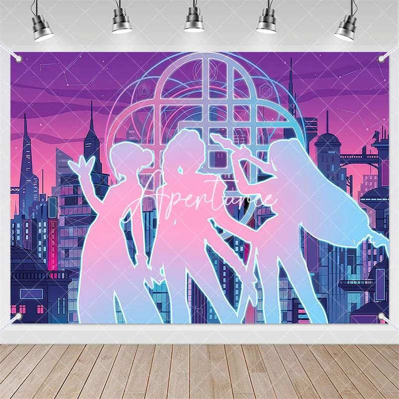 Aperturee - Aperturee Neon Cyberpunk City Backdrop Pop Star Girls Futuristic Skyline Purple Pink Blue Music Party Decoration