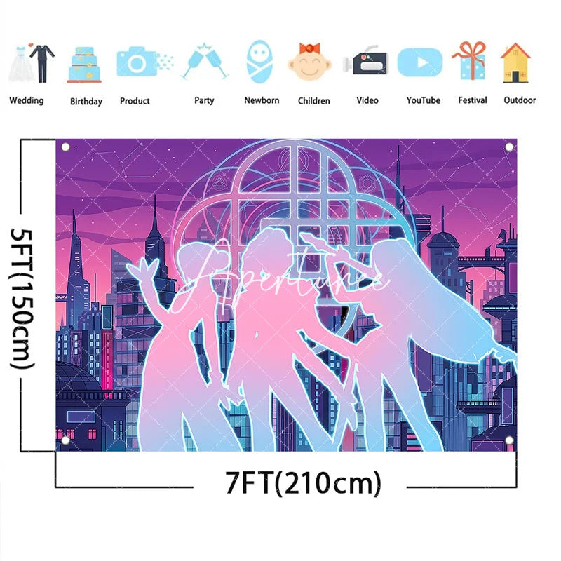 Aperturee - Aperturee Neon Cyberpunk City Backdrop Pop Star Girls Futuristic Skyline Purple Pink Blue Music Party Decoration