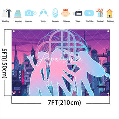 Aperturee - Aperturee Neon Cyberpunk City Backdrop Pop Star Girls Futuristic Skyline Purple Pink Blue Music Party Decoration