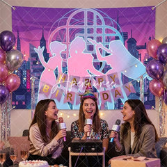 Aperturee - Aperturee Neon Cyberpunk City Backdrop Pop Star Girls Futuristic Skyline Purple Pink Blue Music Party Decoration