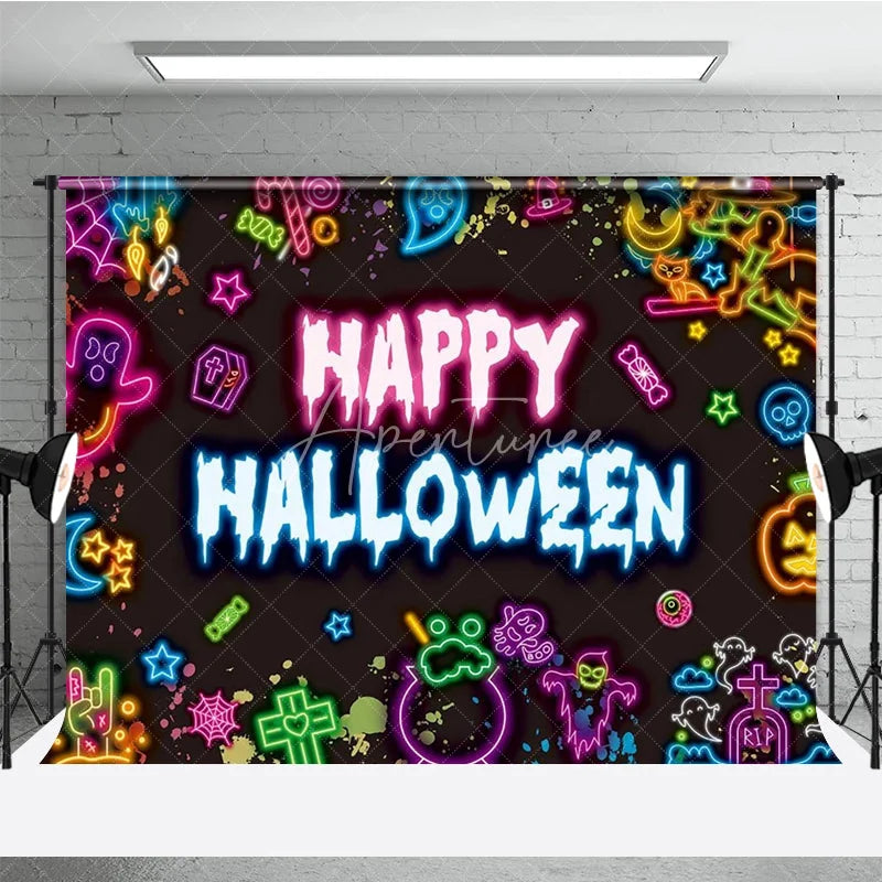 Aperturee - Aperturee Neon Happy Halloween Backdrop for Glow in the Dark Party 80s Retro with Skulls Ghosts and Pumpkins Decor