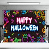 Aperturee - Aperturee Neon Happy Halloween Backdrop for Glow in the Dark Party 80s Retro with Skulls Ghosts and Pumpkins Decor