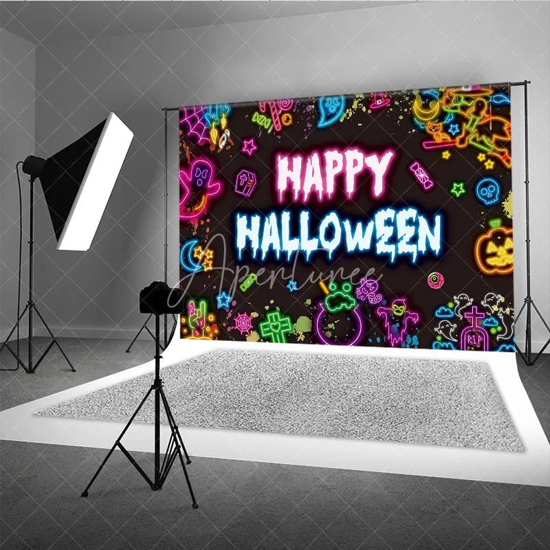 Aperturee - Aperturee Neon Happy Halloween Backdrop for Glow in the Dark Party 80s Retro with Skulls Ghosts and Pumpkins Decor