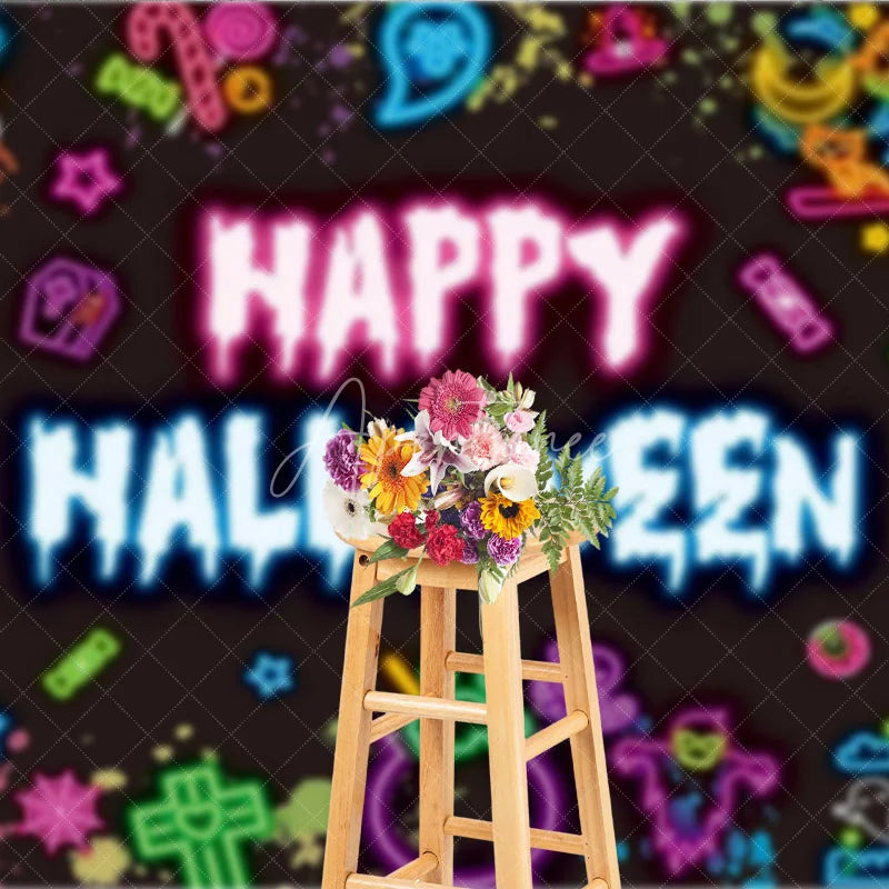 Aperturee - Aperturee Neon Happy Halloween Backdrop for Glow in the Dark Party 80s Retro with Skulls Ghosts and Pumpkins Decor