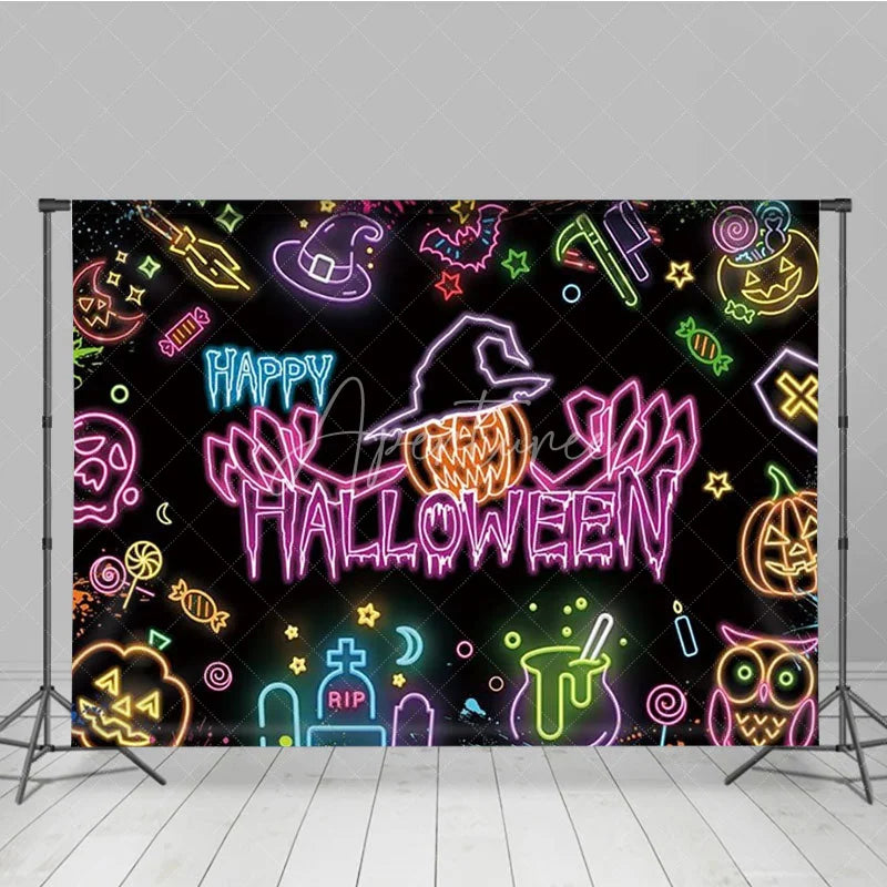 Aperturee - Aperturee Neon Happy Halloween Backdrop for Glow in the Dark Party Blacklight with Witch Hat Pumpkin and Ghost Decor