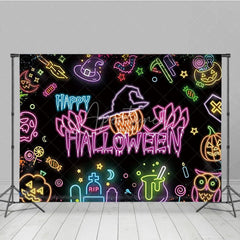 Aperturee - Aperturee Neon Happy Halloween Backdrop for Glow in the Dark Party Blacklight with Witch Hat Pumpkin and Ghost Decor