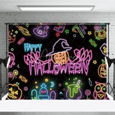 Aperturee - Aperturee Neon Happy Halloween Backdrop for Glow in the Dark Party Blacklight with Witch Hat Pumpkin and Ghost Decor