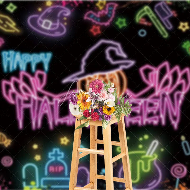 Aperturee - Aperturee Neon Happy Halloween Backdrop for Glow in the Dark Party Blacklight with Witch Hat Pumpkin and Ghost Decor