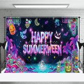 Aperturee - Aperturee Neon Happy Summerween Holiday Backdrop Spooky Tropical Beach Party Decor with Skeletons and Ghosts