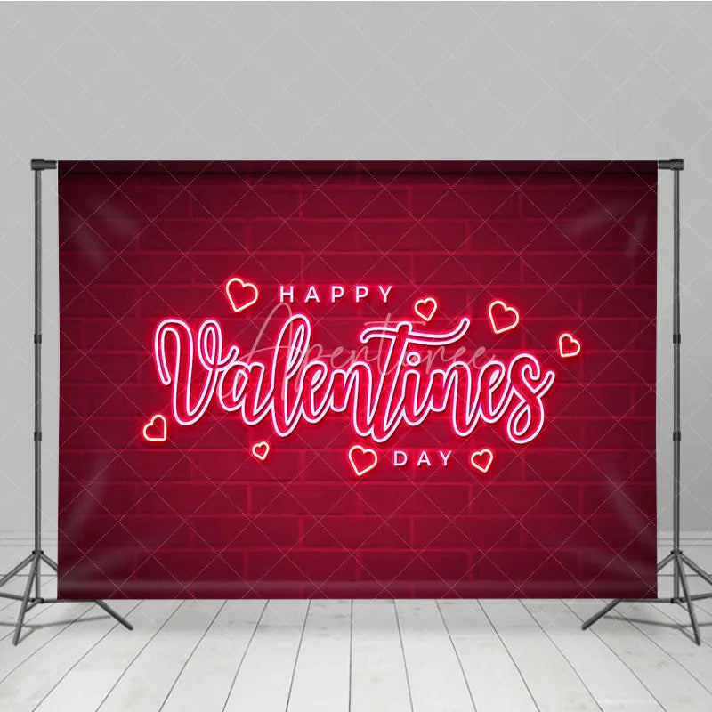 Aperturee - Aperturee Neon Happy Valentines Day Backdrop Red Brick Wall Glowing Hearts Background Romantic Love Photography Party Decoration