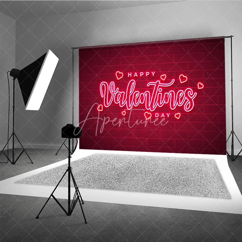 Aperturee - Aperturee Neon Happy Valentines Day Backdrop Red Brick Wall Glowing Hearts Background Romantic Love Photography Party Decoration