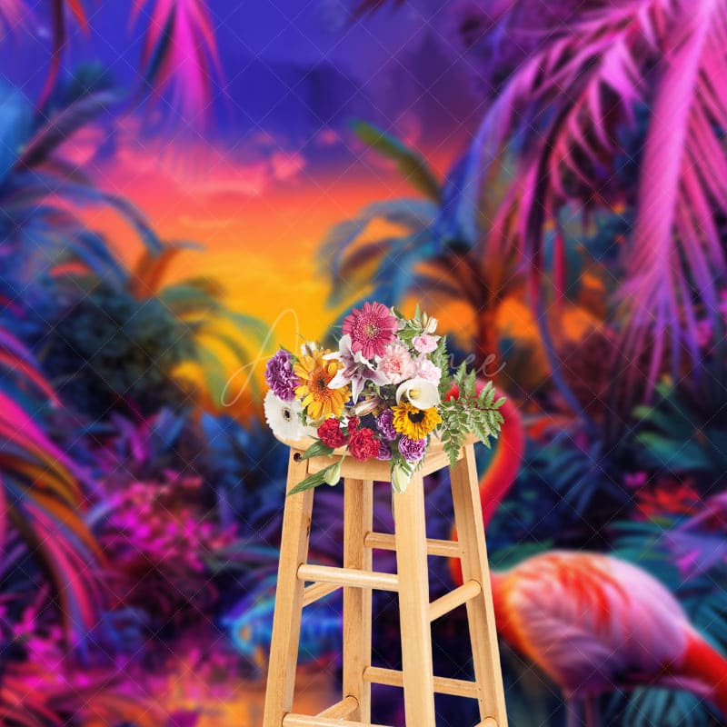 Aperturee - Aperturee Neon Hawaii Sunset Flamingo Summer Vibe Backdrop