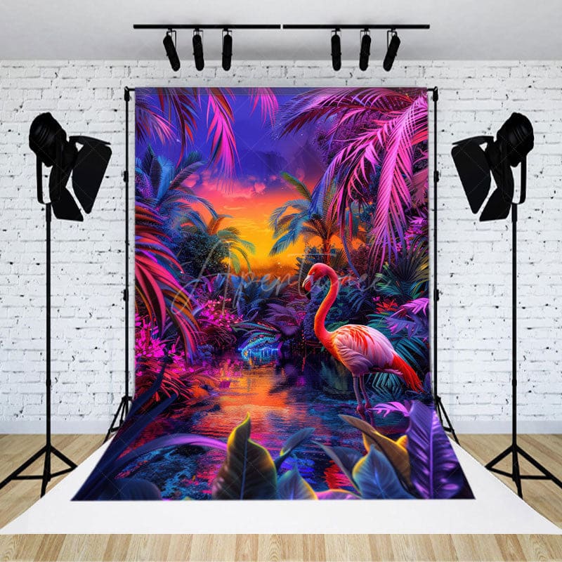 Aperturee - Aperturee Neon Hawaii Sunset Flamingo Summer Vibe Backdrop