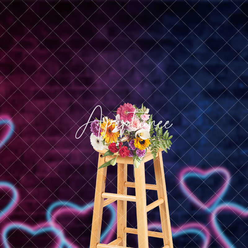 Aperturee - Aperturee Neon Heart Dark Brick Wall Valentine Day Backdrop