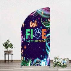 Aperturee - Aperturee Neon High Five Birthday Half Moon Arch Backdrop Glow Party 5th Birthday Photography Background