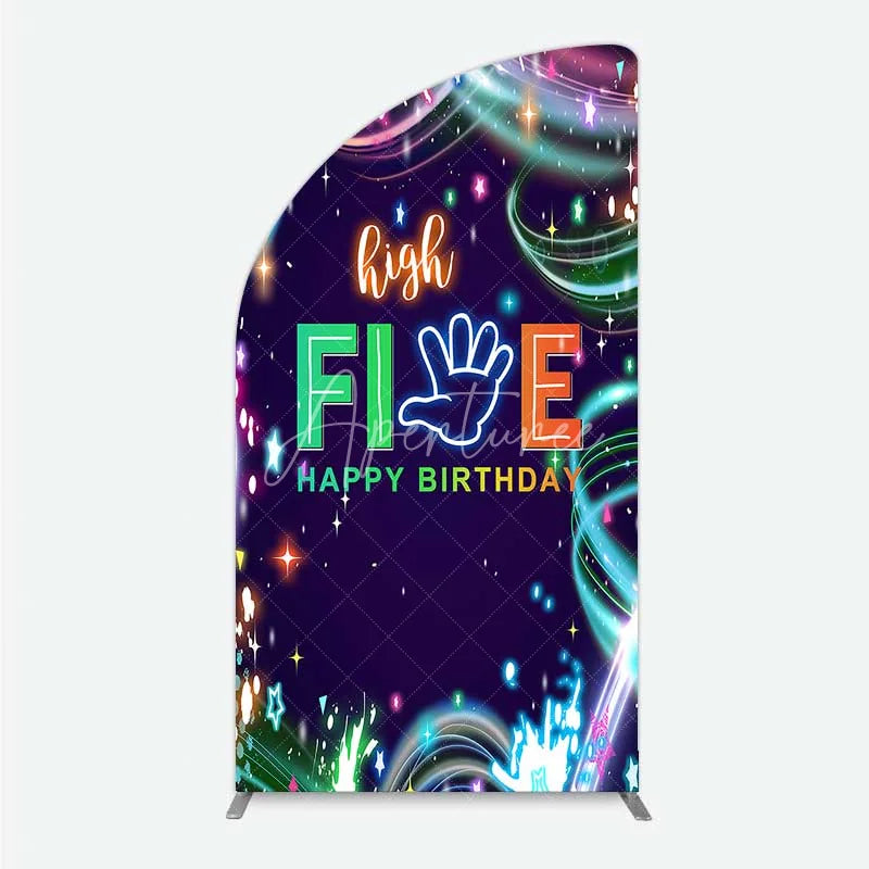Aperturee - Aperturee Neon High Five Birthday Half Moon Arch Backdrop Glow Party 5th Birthday Photography Background