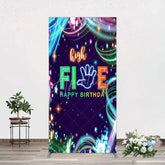 Aperturee - Aperturee Neon High Five Birthday Rectangle Backdrop Glow Party 5th Birthday Photography Background