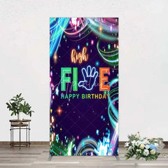Aperturee - Aperturee Neon High Five Birthday Rectangle Backdrop Glow Party 5th Birthday Photography Background