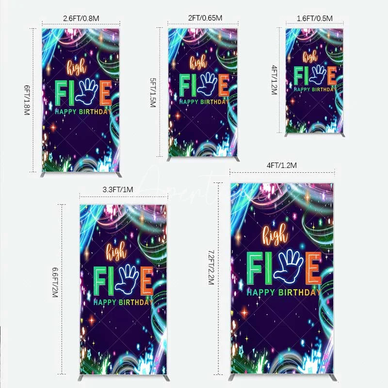 Aperturee - Aperturee Neon High Five Birthday Rectangle Backdrop Glow Party 5th Birthday Photography Background