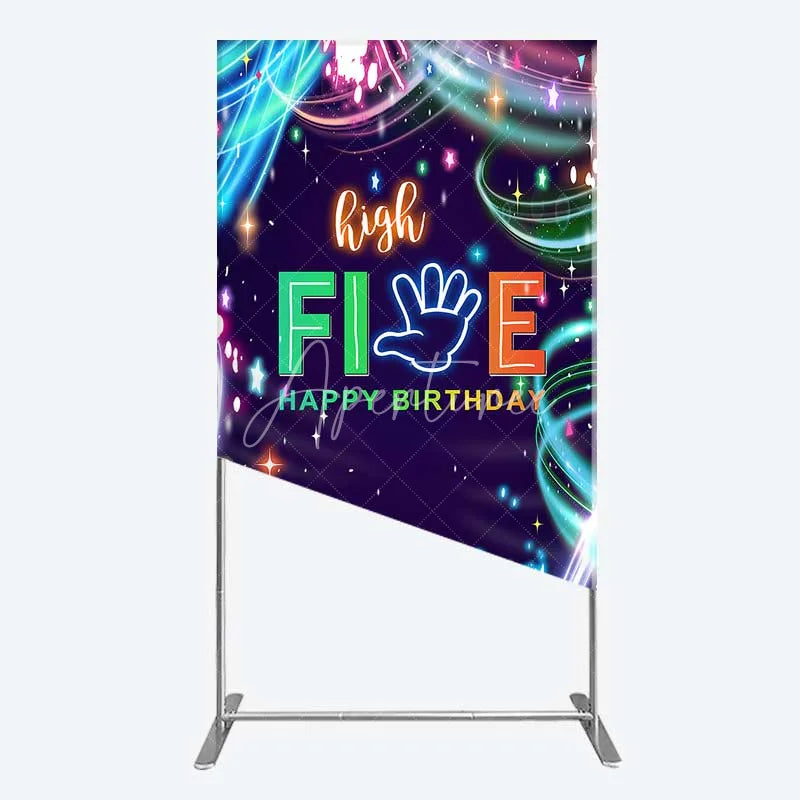 Aperturee - Aperturee Neon High Five Birthday Rectangle Backdrop Glow Party 5th Birthday Photography Background