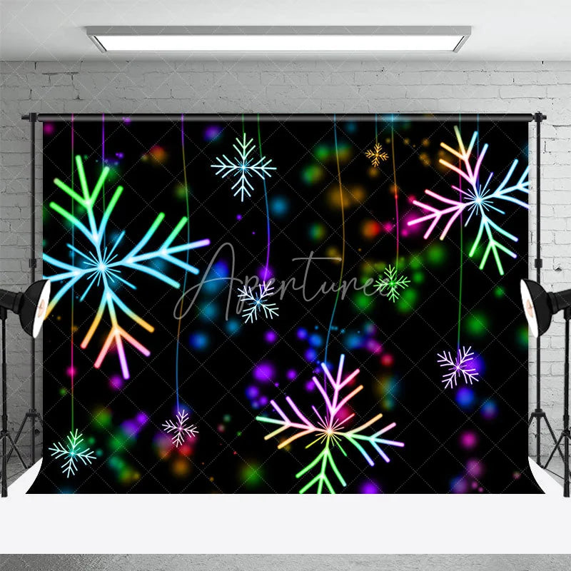 Aperturee - Aperturee Neon Snowflake Christmas Backdrop Glowing Rainbow Lights Black Background Winter Holiday Party Decor