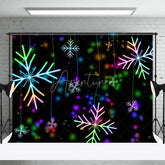 Aperturee - Aperturee Neon Snowflake Christmas Backdrop Glowing Rainbow Lights Black Background Winter Holiday Party Decor