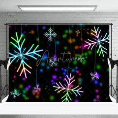 Aperturee - Aperturee Neon Snowflake Christmas Backdrop Glowing Rainbow Lights Black Background Winter Holiday Party Decor