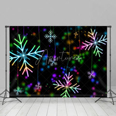 Aperturee - Aperturee Neon Snowflake Christmas Backdrop Glowing Rainbow Lights Black Background Winter Holiday Party Decor