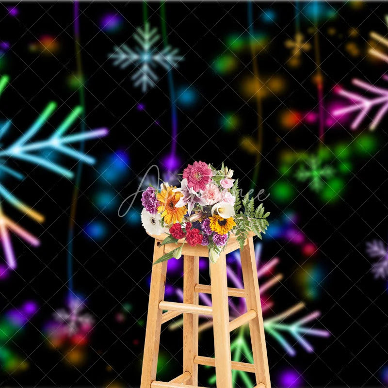 Aperturee - Aperturee Neon Snowflake Christmas Backdrop Glowing Rainbow Lights Black Background Winter Holiday Party Decor