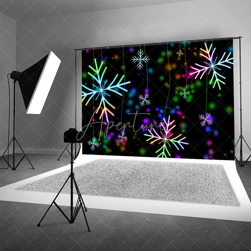 Aperturee - Aperturee Neon Snowflake Christmas Backdrop Glowing Rainbow Lights Black Background Winter Holiday Party Decor