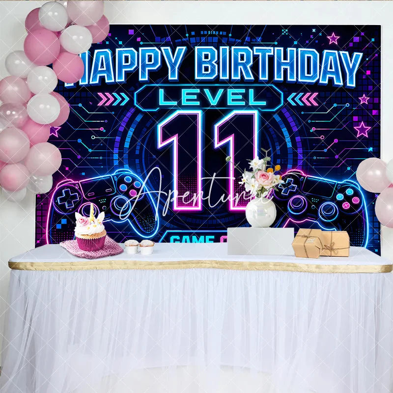Aperturee - Aperturee Neon Video Game Level 11 Happy Birthday Backdrop Glowing Gamer Controller Theme Party Decoration Banner
